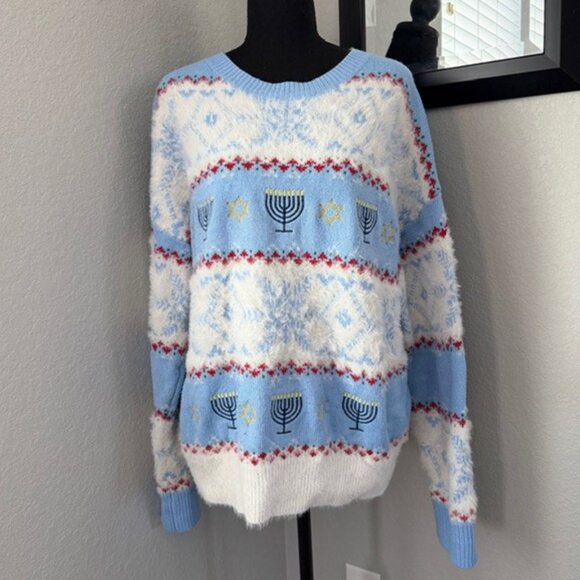 Celebrate Hanukkah Menorah Star of David Blue Knit Pullover Sweater XL - Picture 2 of 12